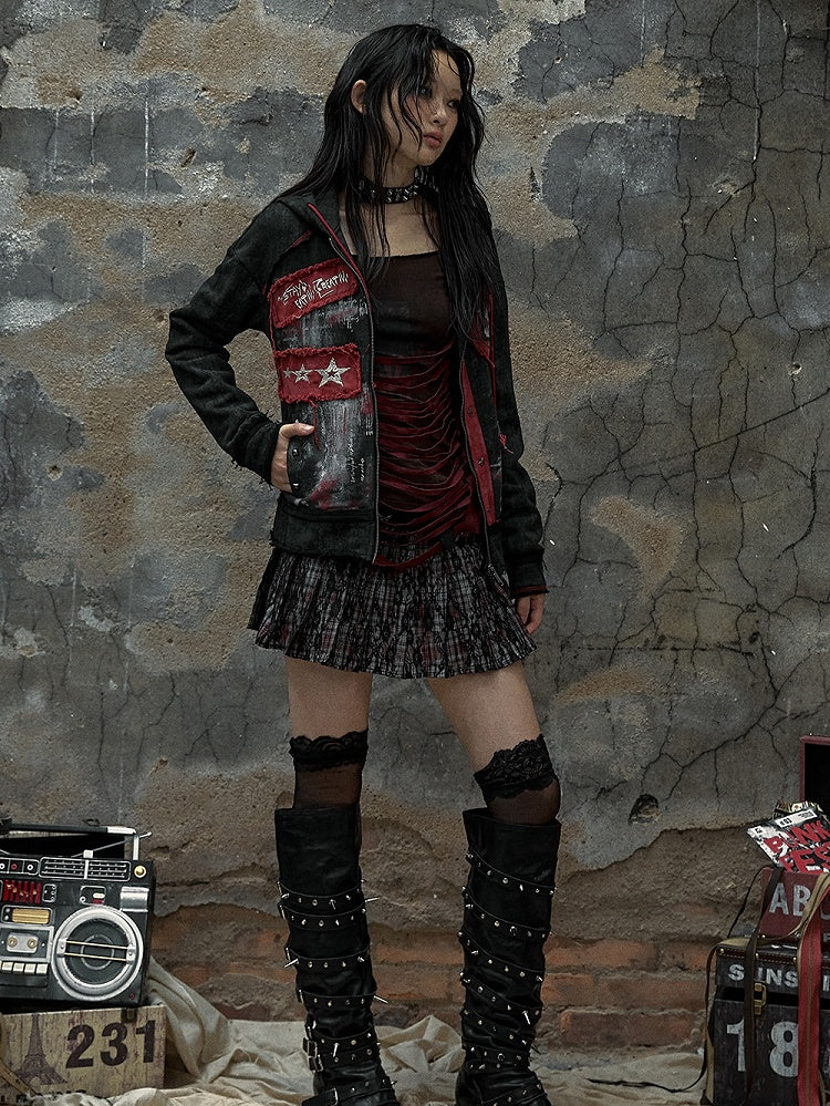 Sweetheart Applique Black Gothic Punk Distressed Zip Hoodie with Studs