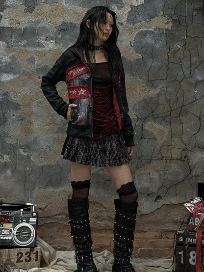 Sweetheart Applique Black Gothic Punk Distressed Zip Hoodie with Studs