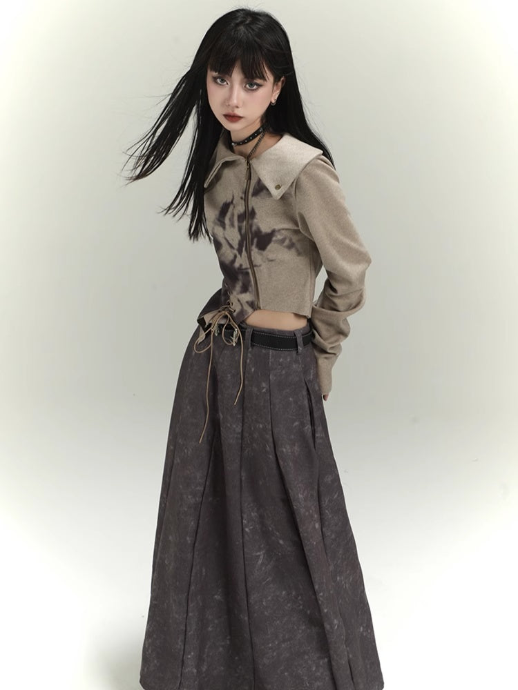 Wasteland Punk Khaki Asymmetrical Hem Cropped Jacket with Lace-up Detail at Front