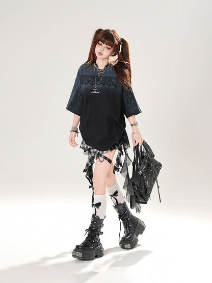 Gradient Black/White Round Neck Loose T-shirt