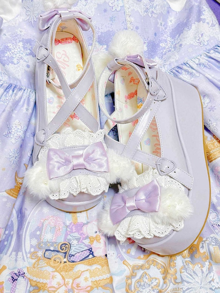 Purple Crisscross Design Plush Bunny Ear Decorated Bow at Top Platforms With Pompon
