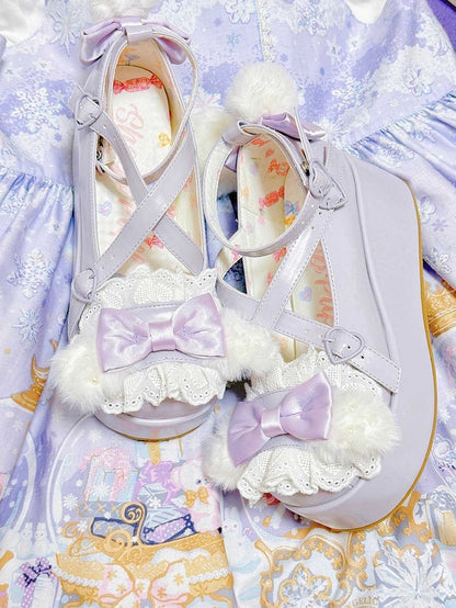 Purple Crisscross Design Plush Bunny Ear Decorated Bow at Top Platforms With Pompon