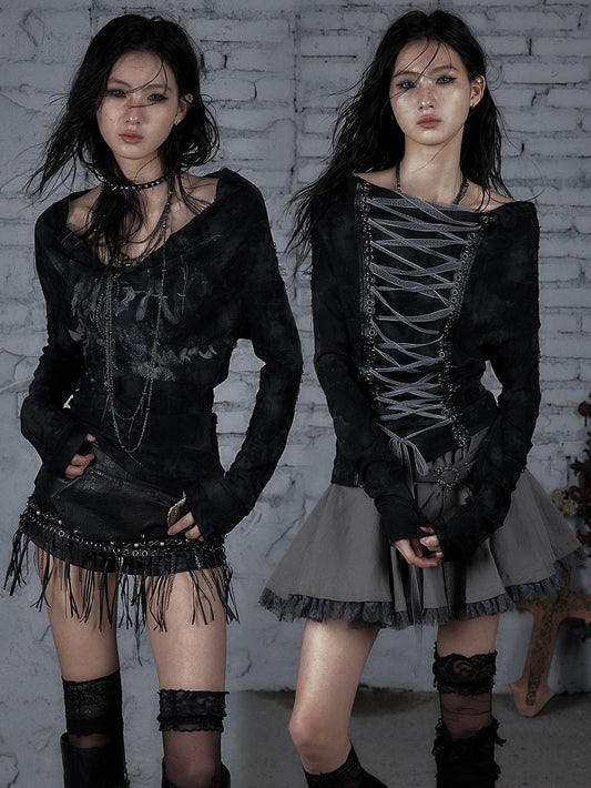 Wasteland Punk Black Off-the-shoulder Neckline Lace-up Design Top
