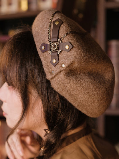 Chains Decorated Light Brown Steampunk Beret