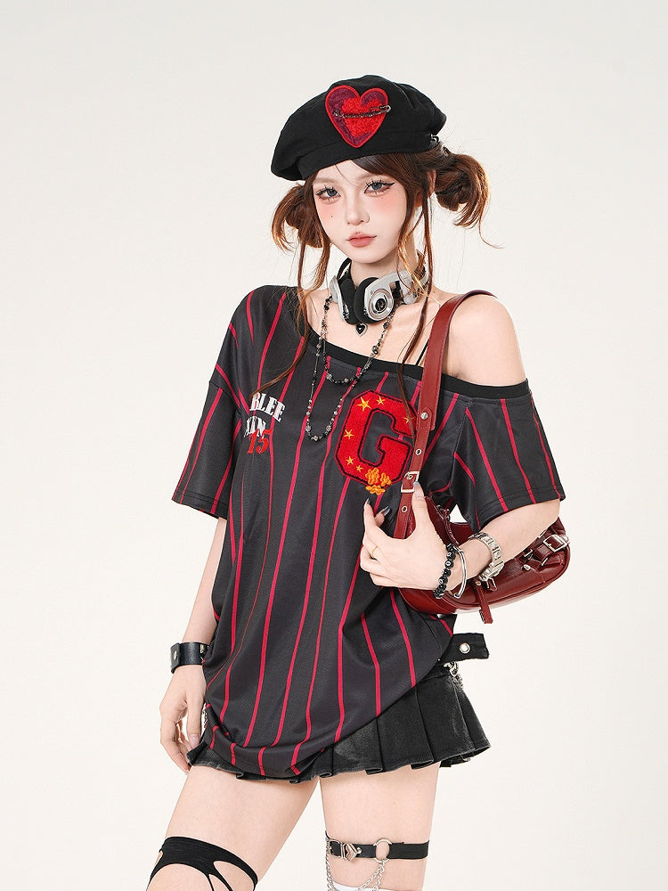 Asymmetrical Neckline Blokette Core White/Black Striped T-shirt