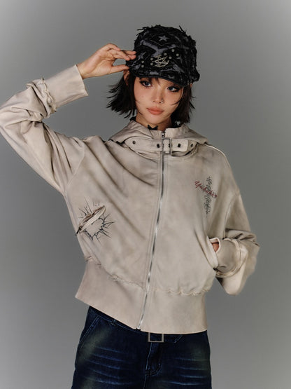 Wasteland Punk Apricot Buckle Strap Distressed Zip Closure Hoodie