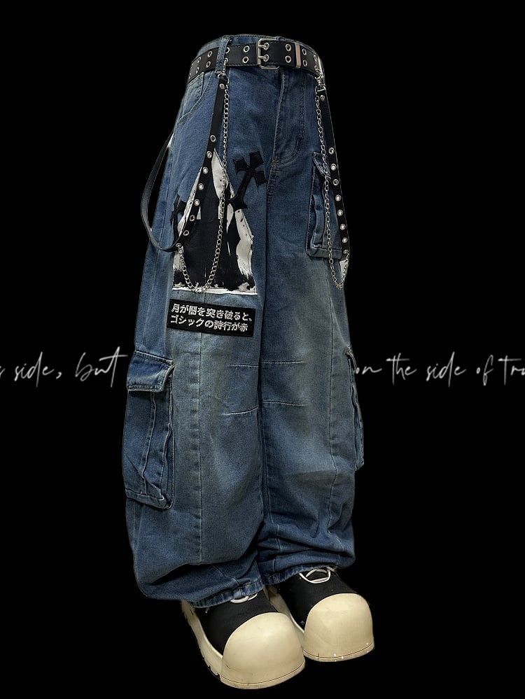 Blue Y2K Letter Applique Cargo Pockets Decorated Wide-leg Cut Jeans
