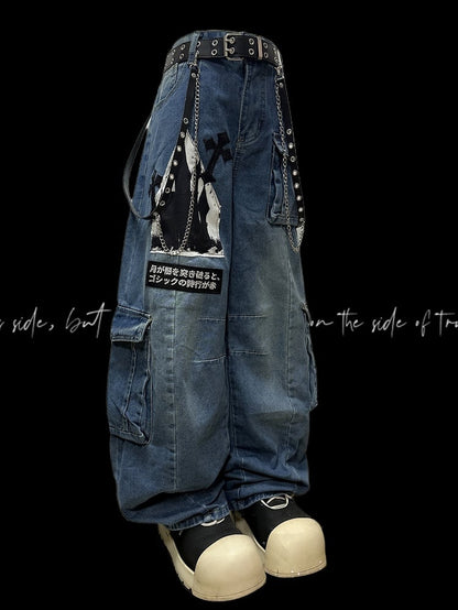 Blue Y2K Letter Applique Cargo Pockets Decorated Wide-leg Cut Jeans