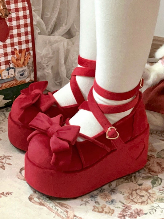 Sweet Wine Red Lolita Platforms in Velvet - Bow at Top, Crisscross Design & Heart Fastener
