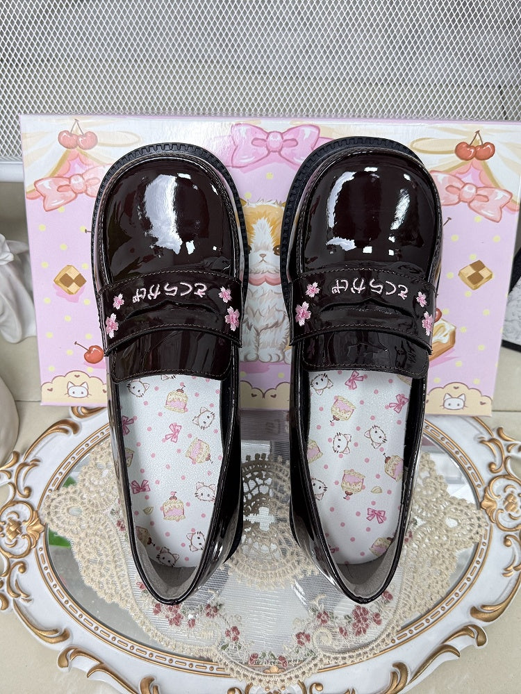 PU Dark Brown Academic Style Slip-On Shoes - Low/Mid Heel with Cherry Blossom & Kanji Embroidery