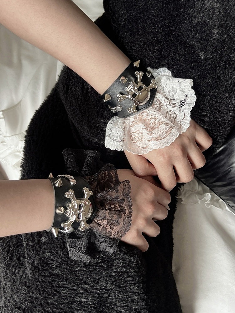 Black and White/Black/White Skeleton and Stud Lace Trim PU Bracelet