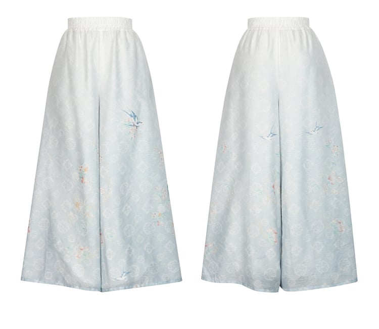 Floral Print Gradient Blue Chiffon Wide Leg Pants