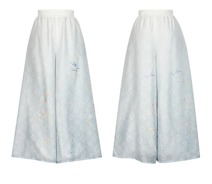 Floral Print Gradient Blue Chiffon Wide Leg Pants