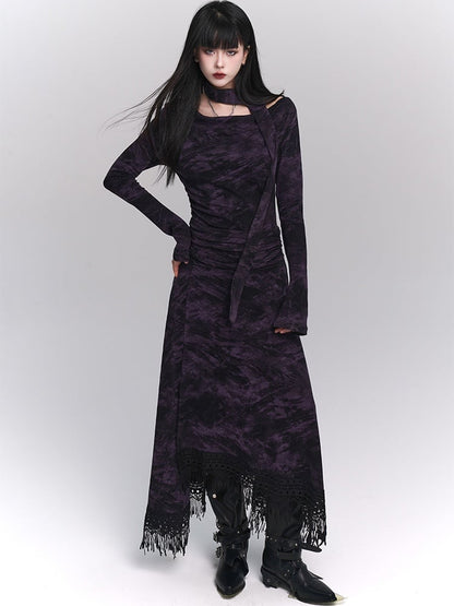Wasteland Punk Purple Asymmetrical Tassel Hem Side-Slit  Dress