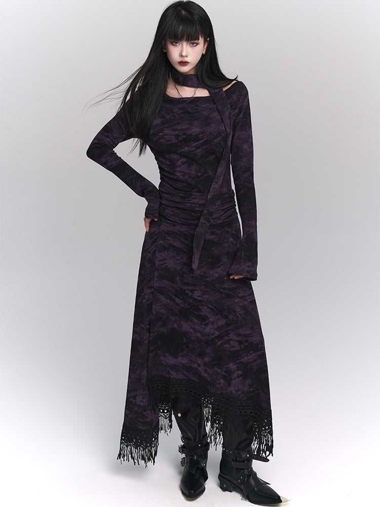 Wasteland Punk Purple Asymmetrical Tassel Hem Side-Slit  Dress