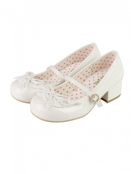 White Knotted Bow Accent Lace Trim 4.3CM Heels Round Toe Mary Janes