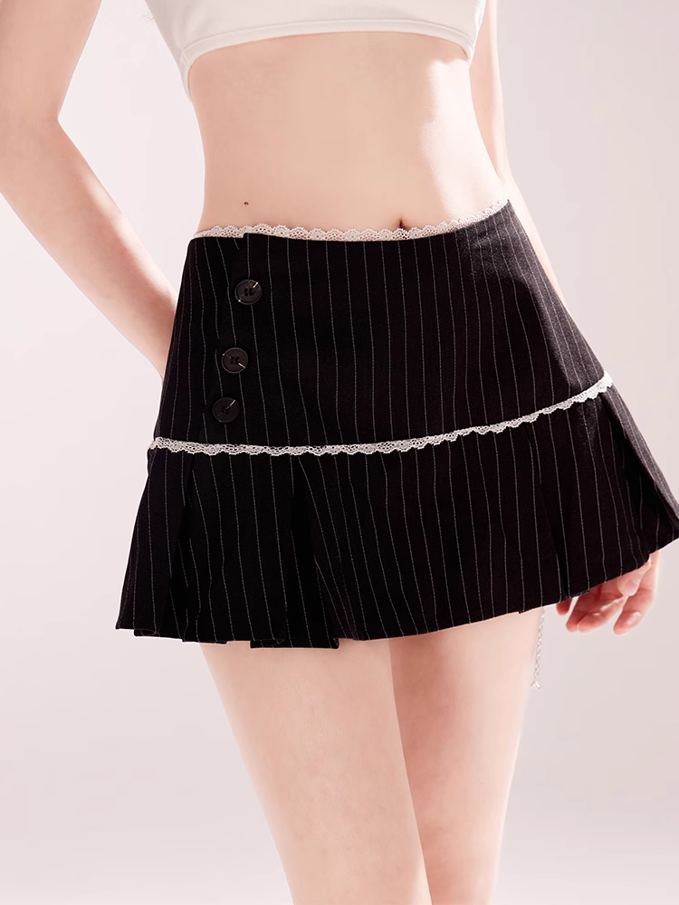 White Lace Trim Box Pleat Black Striped Mini Skirt