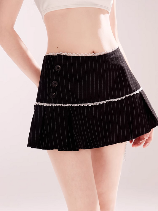 White Lace Trim Box Pleat Black Striped Mini Skirt