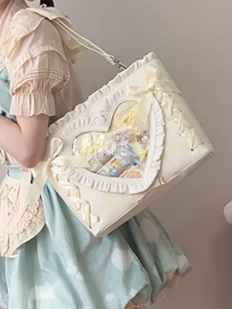 Yellow Diamond Pattern Lace-up Design Ruffles Trim Heart PU Tota Ita Bag