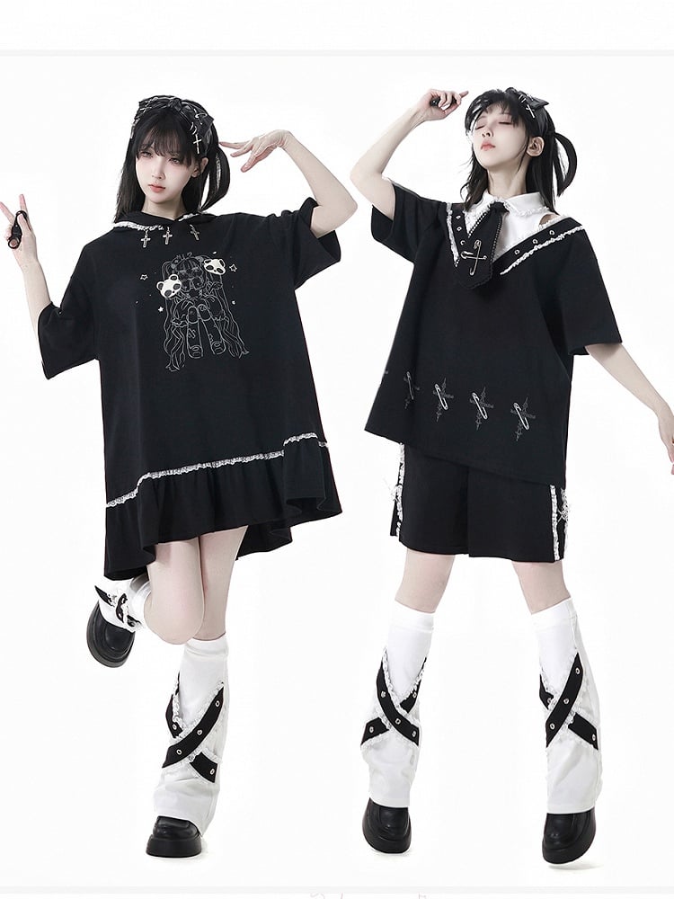 Black Shirt Collar Pin Cross Print T-Shirt with Free Tie