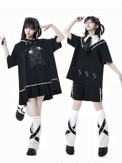 Black Shirt Collar Pin Cross Print T-Shirt with Free Tie