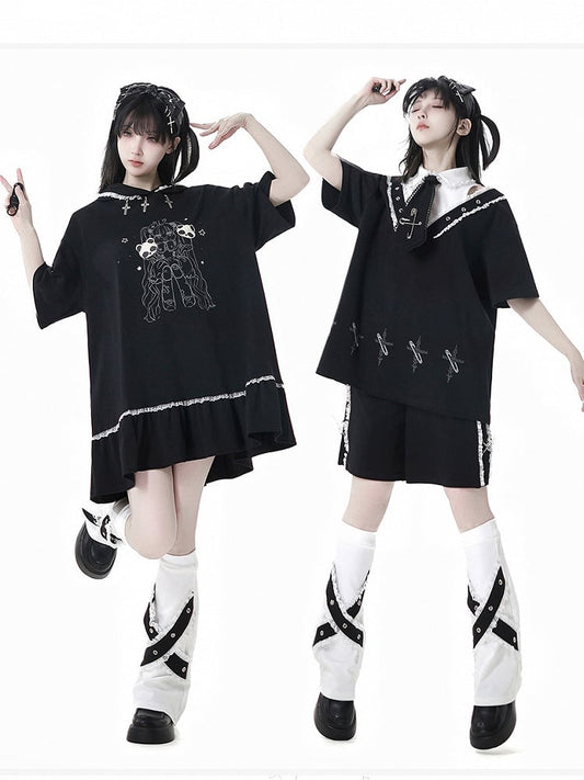 Black Shirt Collar Pin Cross Print T-Shirt with Free Tie