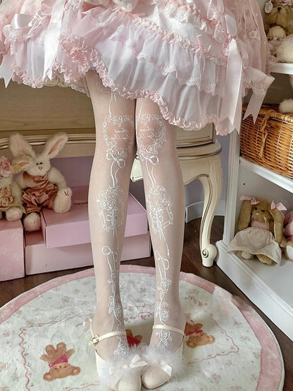 White Rosette Print Sweet Lolita Tights