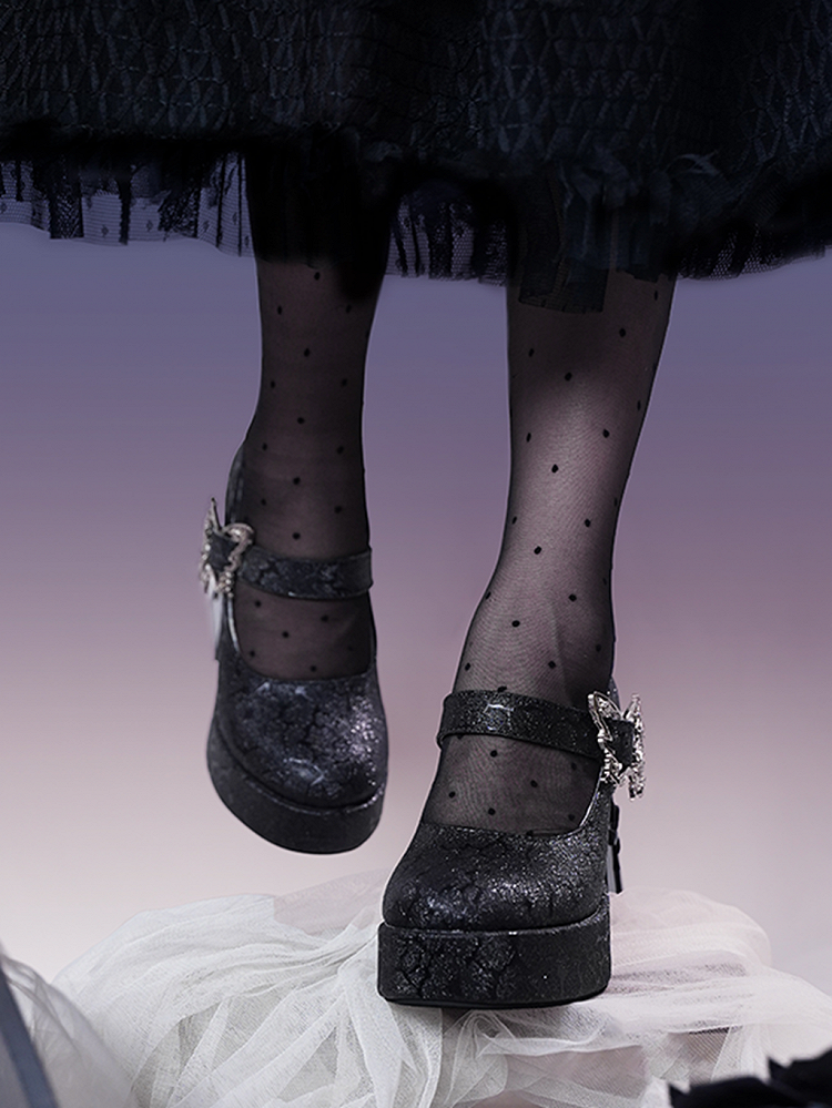 Black Butterfly Buckle 11cm Floral High Block Heel Platform Mary Janes