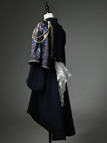 Dark Blue Detachable One-shoulder Cape Knight Tailcoat
