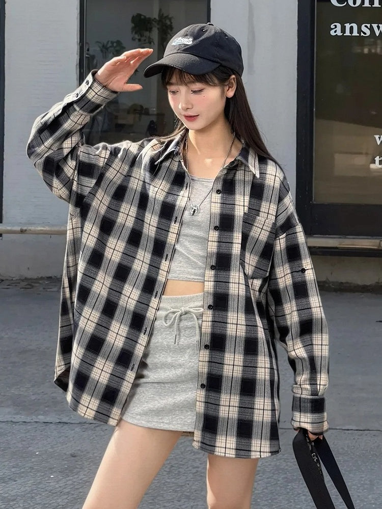 Navy Blue Front Button Placket Vintage Plaid Shirt