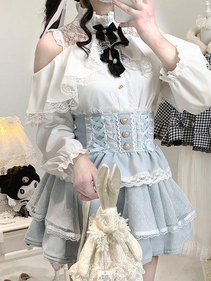 Black/White Jirai Kei Illusion Neckline Blouse with Cut-Out Shoulder with Bow Decor