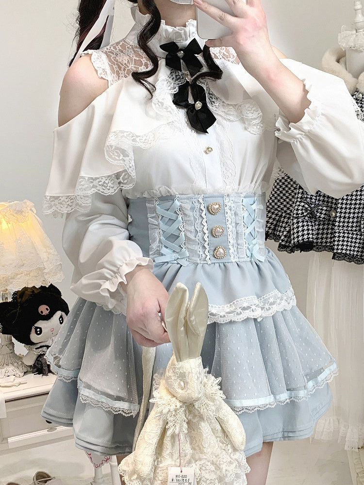 Black/White Jirai Kei Illusion Neckline Blouse with Cut-Out Shoulder with Bow Decor