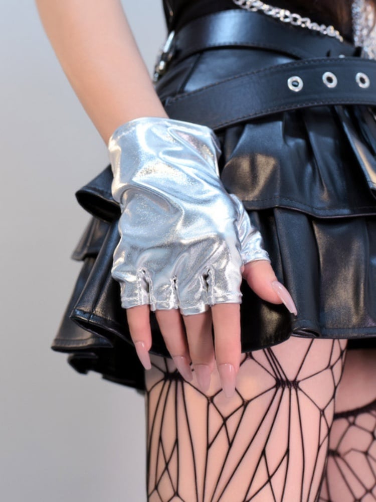 Cyberpunk Gothic Black/Silver PU Fingerless Gloves