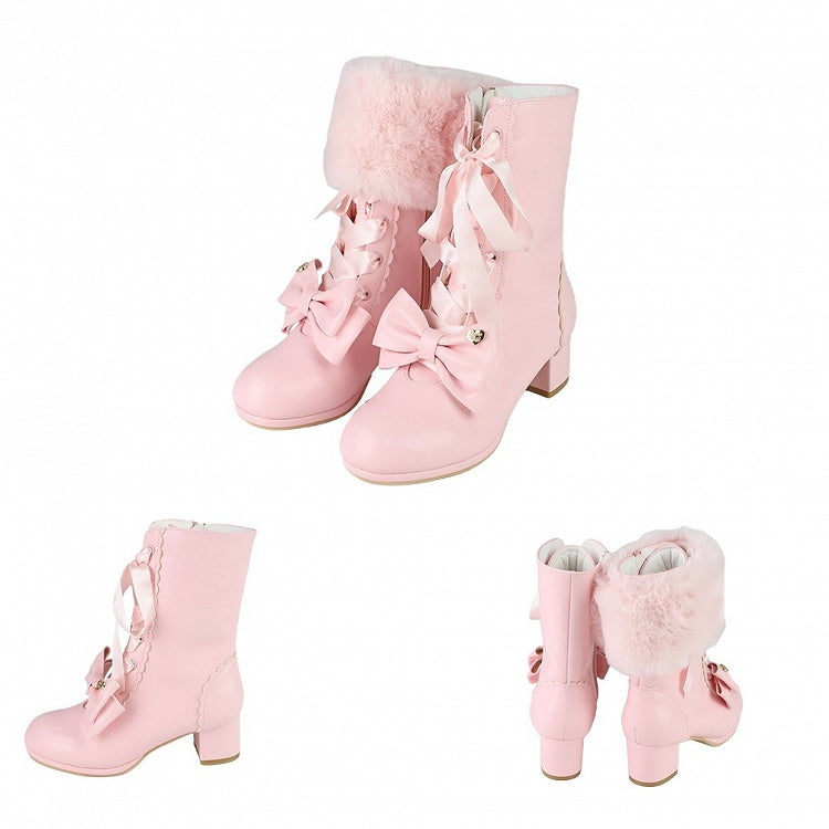 Removable Bow, Plush Top & Lace-up Closure PU Pink Mid-calf Boots in Sweet Lolita
