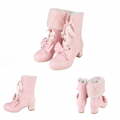 Removable Bow, Plush Top & Lace-up Closure PU Pink Mid-calf Boots in Sweet Lolita
