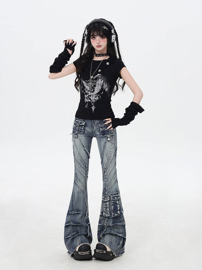 Apricot/Black Pointed Flat Collar Angel Print Wasteland Punk T-shirt with Free Armwears