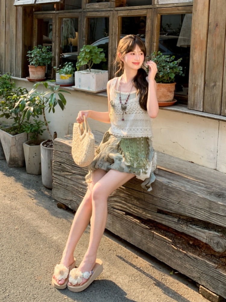 Mori Kei Green Elastic Waist Tie Dye Lace Patches Side Shorts