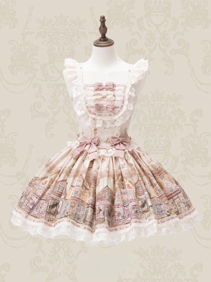 Cream-colored Flutter Sleeves Sweet Lolita JSK Dress with Fairytale Town Print and Bow Accents