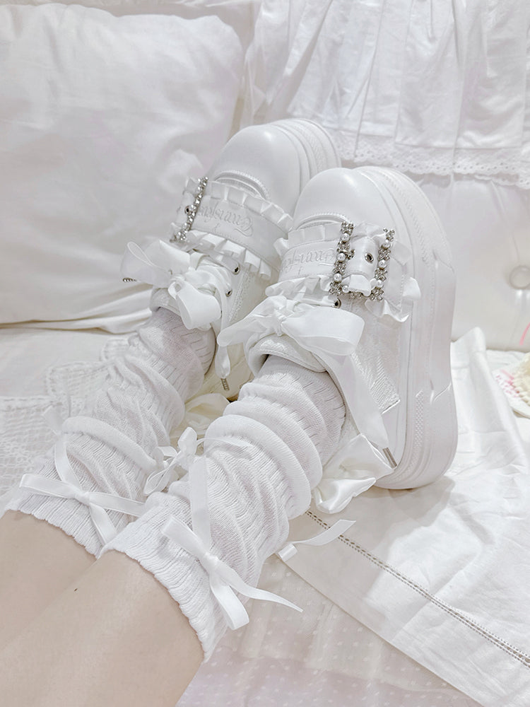 White Bow Accents Beaded Buckle Design Jirai Kei Platforms Shoes