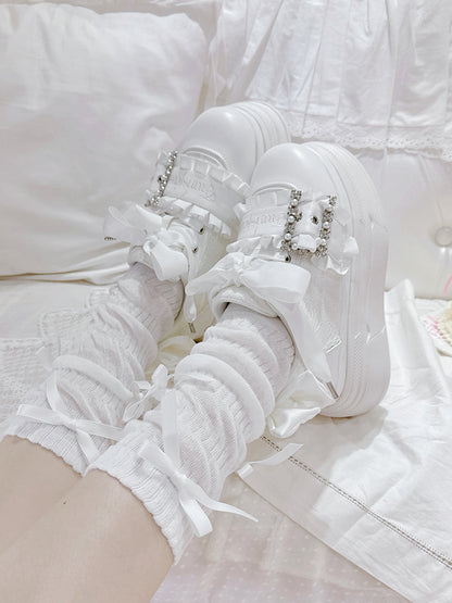 White Bow Accents Beaded Buckle Design Jirai Kei Platforms Shoes
