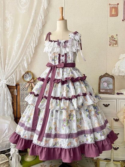 Blueberry and Ice Cream Print Tiered Skirt Purple Ruffle Trimming Lolita Dress