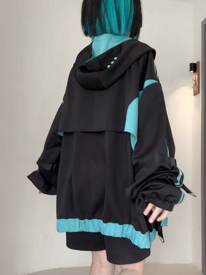 Black and Blue Futuristic Techwear Cyberpunk Hooded Jacket