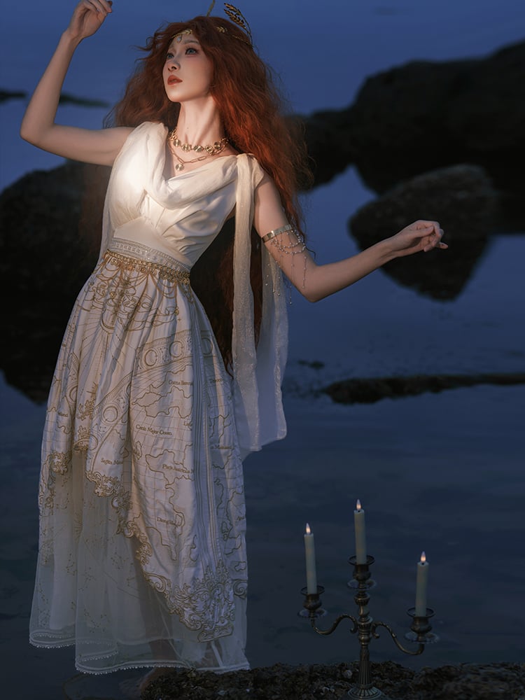 Gold Celestial Map Embroidery White Greek Style Cowl Neckline Jumper Skirt