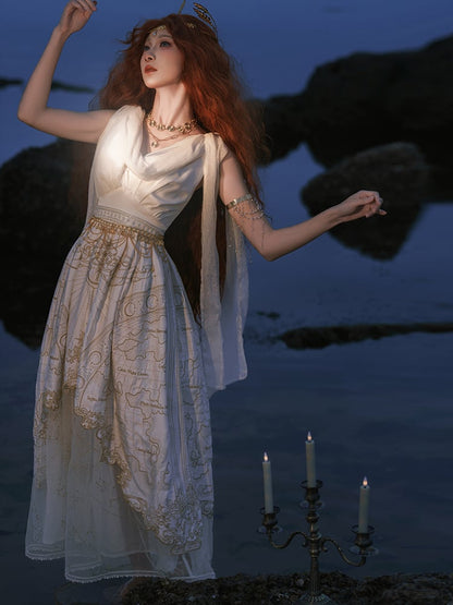 Gold Celestial Map Embroidery White Greek Style Cowl Neckline Jumper Skirt