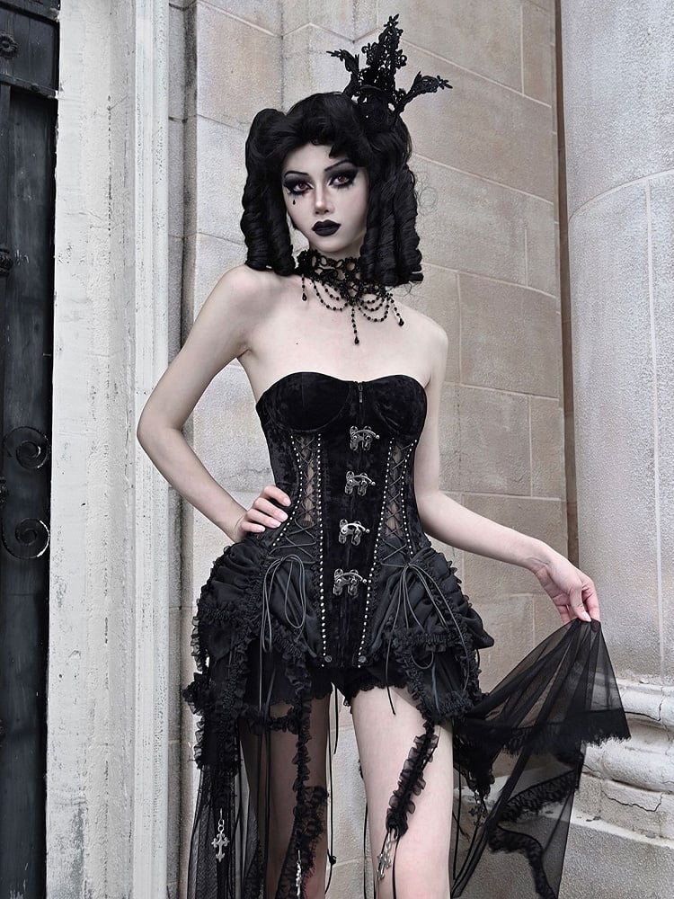 Gothic Black Bustier Corset Lace-up Top Drawstring Hem