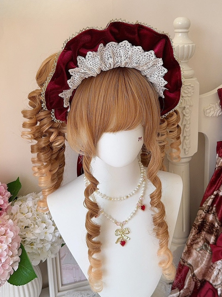 Wine Red/Black Velvet Lace Trim Bonnet + 4 Bowknot Brooches