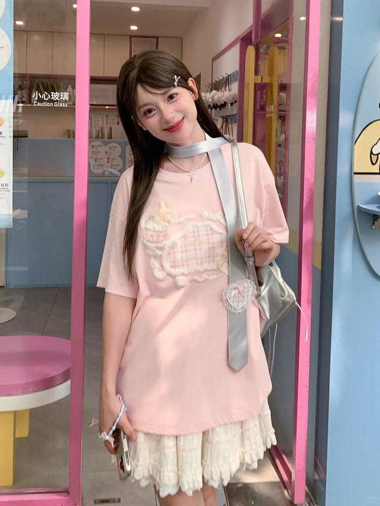 Adorable Bunny Embroidery Pink Round Neck Loose T-shirt