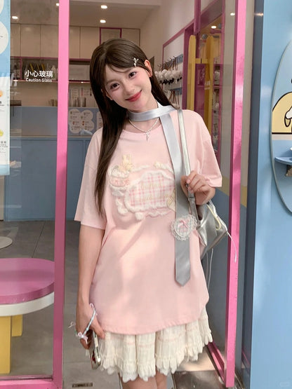 Adorable Bunny Embroidery Pink Round Neck Loose T-shirt