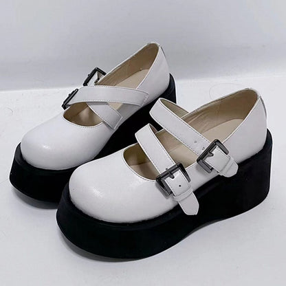 White Mary Janes - Double Buckle Design & Black Platform Sole