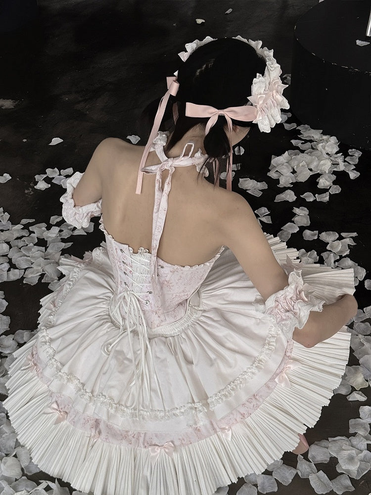 Pink & White Sweet Lolita Floral-Print Corset Top + Skirt + Choker + Arm Rings + KC Full Set